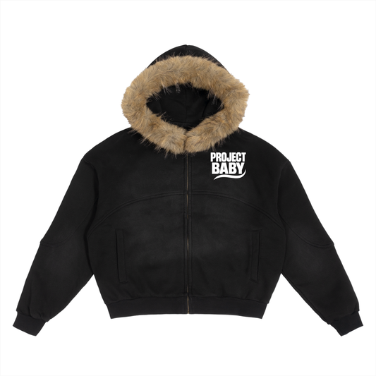 Sun Fade Boxy Detachable Fur Hoodie death B4 dishoner
