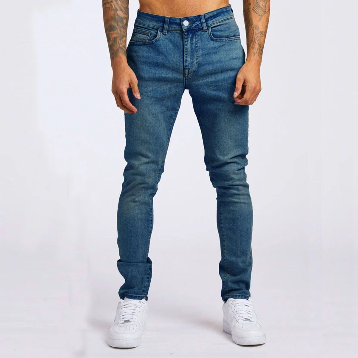 Mens Jeans Elastic Skinny Solid Color Stretch Pencil Pants Slim Fit Denim Jeans Jogging Streetwear Cowboy Casual Trousers Blck