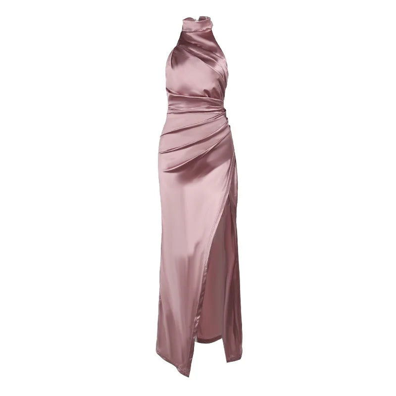 Women Dress Elegant Long Dresses Party Night Dress Women Dresses Woman Female Stand Collar Hanging Neck Sexy Slim Fit Slit