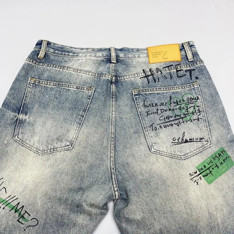 American Retro Street Style Personalized Printed Straight Leg Jeans for Men Loose Fitting Washed High Street Hip-hop Pants