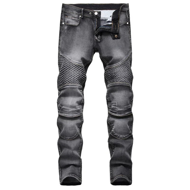 New Men's Patchwork Vintage Biker Jeans Hip Hop Slim Straight Elastic Cycling Denim Pants Male Fashion Streetwear Trouser