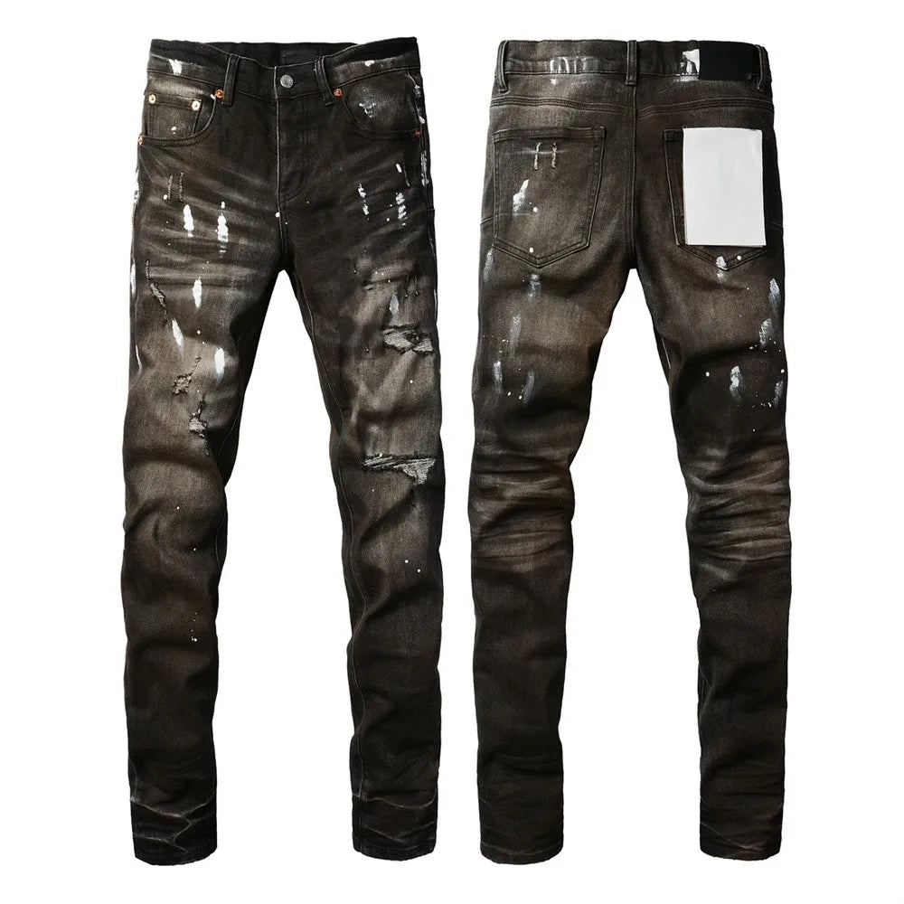New Fashion Jeans Men High Street Black Splashing ink graffiti Distressed Hole Stretch Skinny Button Fly Ripped Jeans Brand
