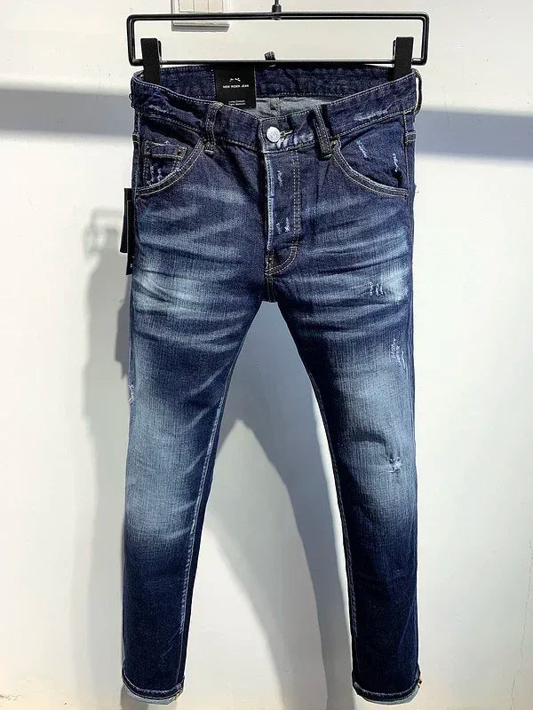 NEW Men Jeans HOLE Printed Coolguy Beggar Denim Long Pants Straight Pockets Hole Button blue jeans pant FOR husband