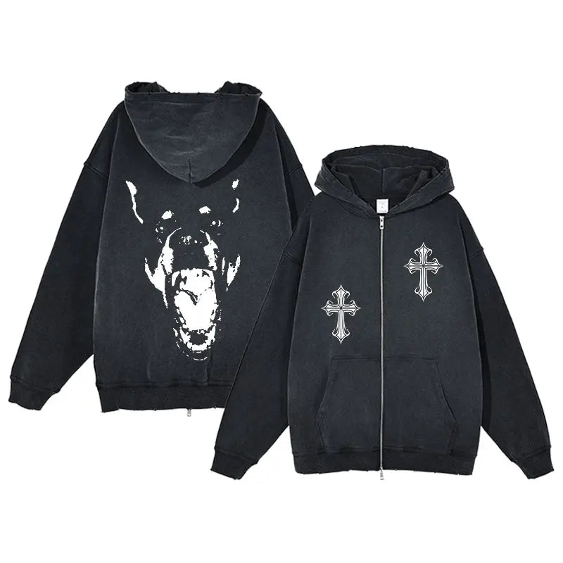 Y2K Zip Up Hoodie for Men Cross Print Loose Long Sleeve Pullover Women Retro Harajuku Sweatshirts Oversized Goth Hip Hop Jacket