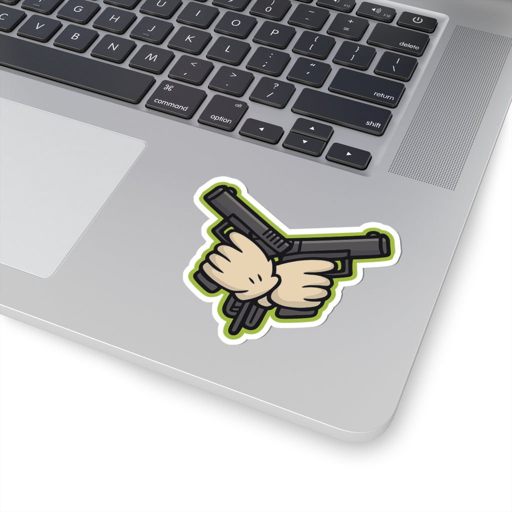 Crossed Pistols Sticker — Retro Cartoon Gun Badge with Neon Outline