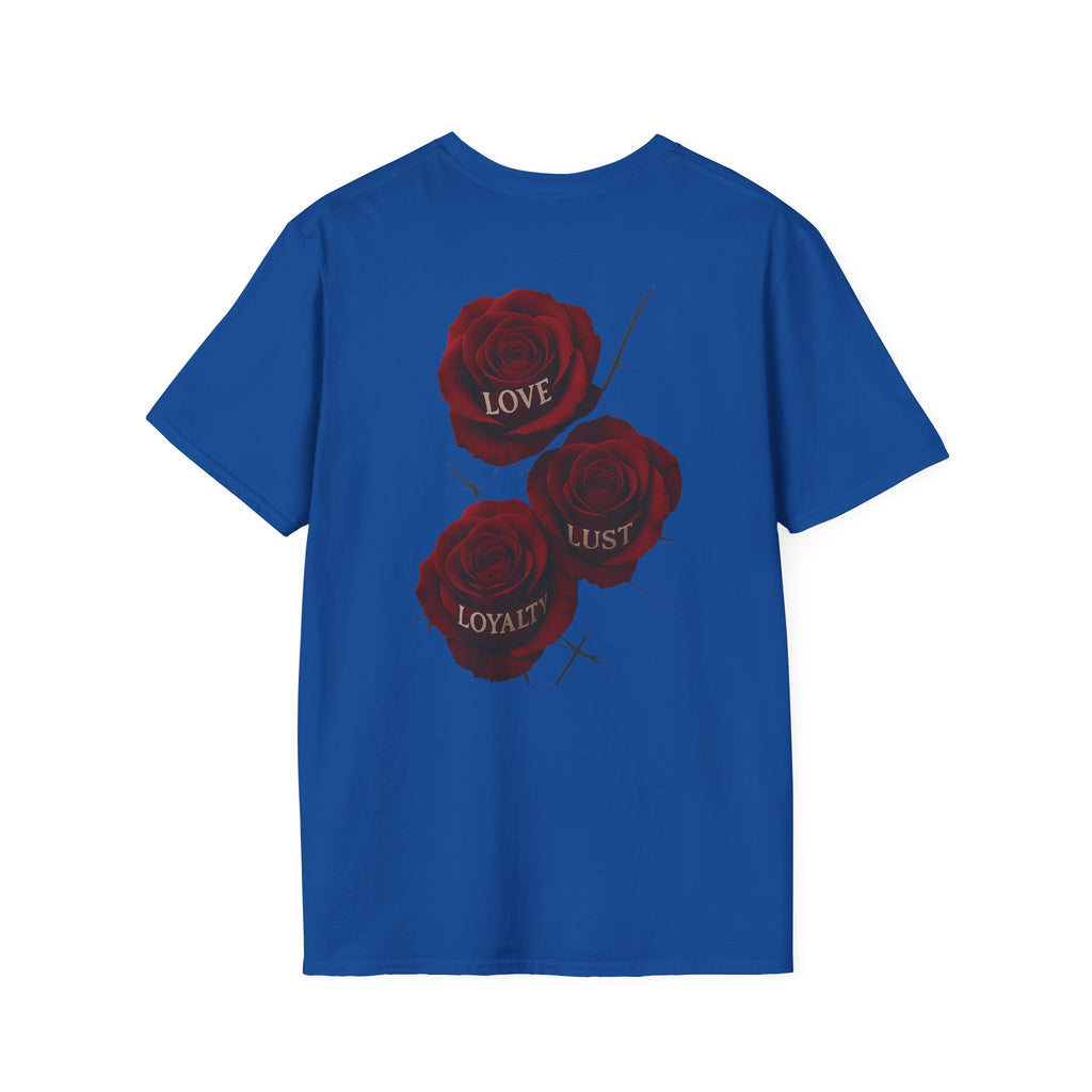 Skull & Roses T-Shirt — Gothic Floral Tee with 'Love, Lust, Loyalty' Back Print