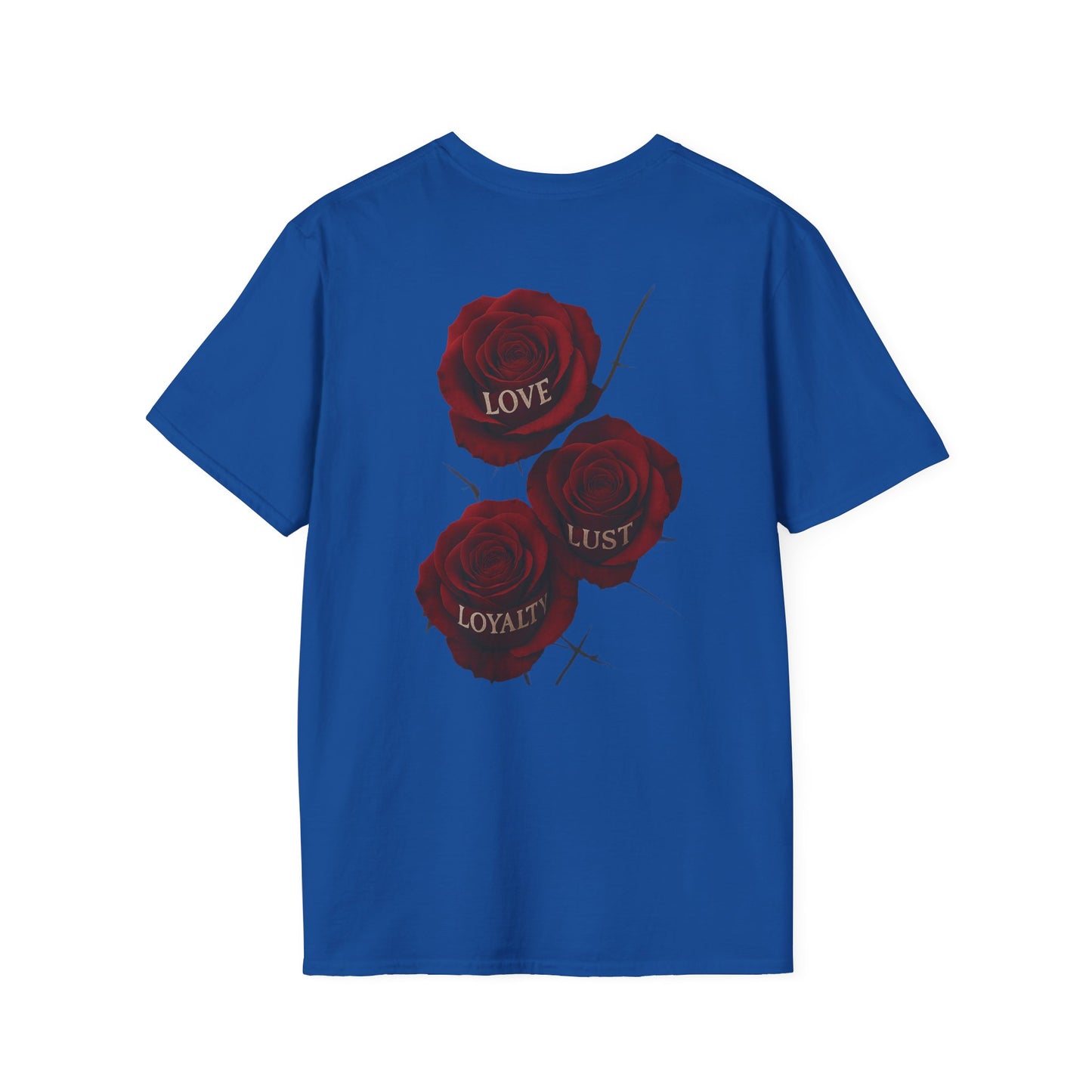 Skull & Roses T-Shirt — Gothic Floral Tee with 'Love, Lust, Loyalty' Back Print