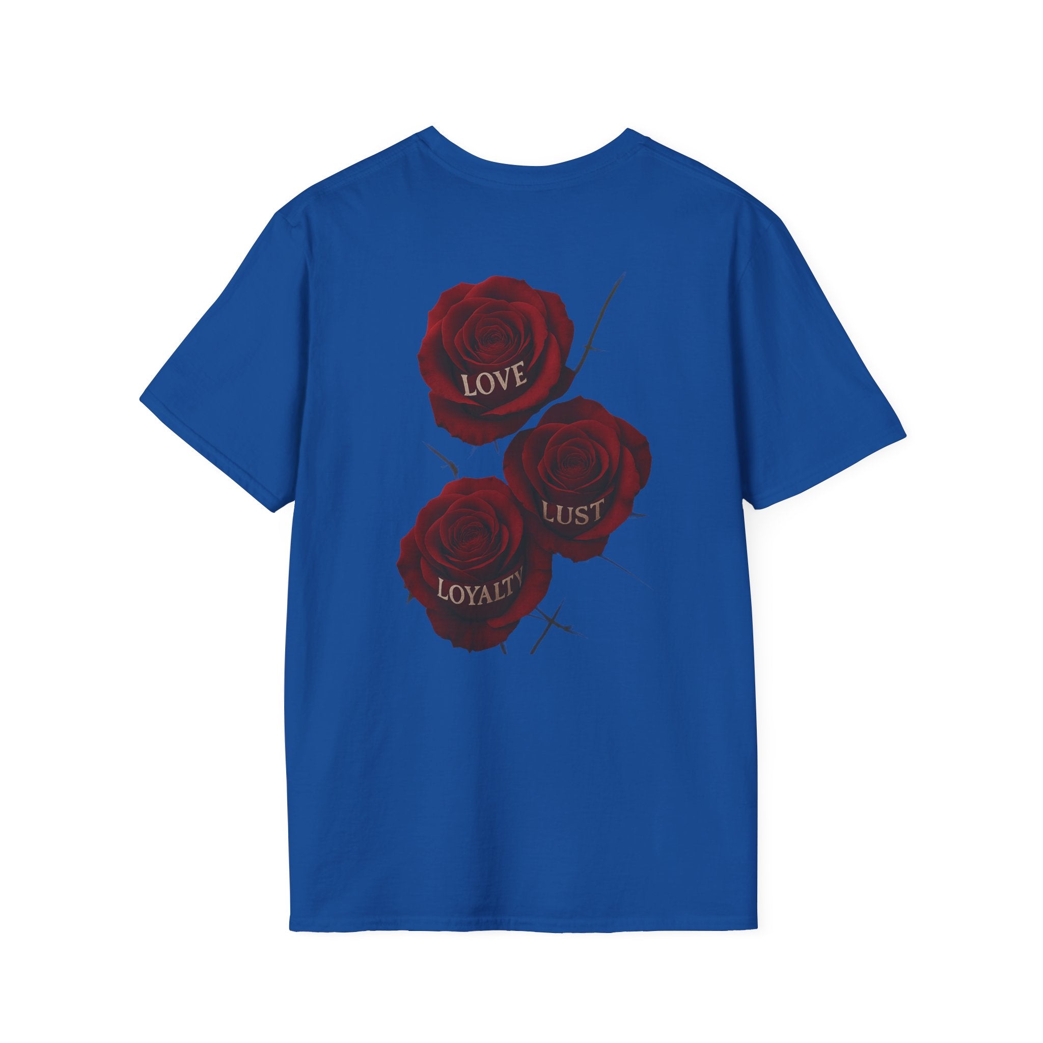 Skull & Roses T-Shirt — Gothic Floral Tee with 'Love, Lust, Loyalty' Back Print