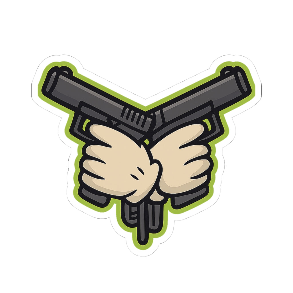 Crossed Pistols Sticker — Retro Cartoon Gun Badge with Neon Outline
