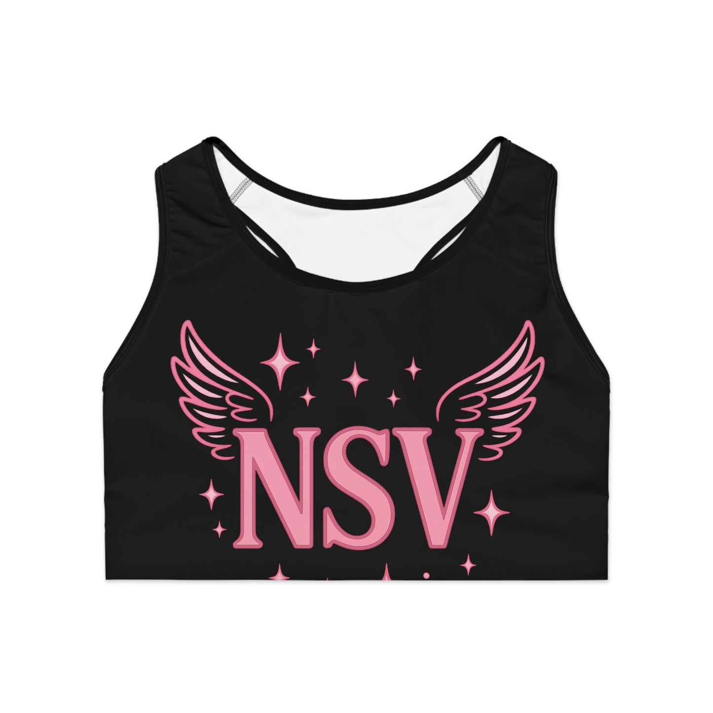 NSV Winged Logo Sports Bra — Pink Sparkle Athletic Crop Top