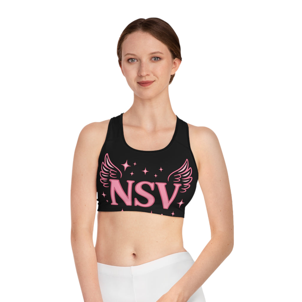 NSV Winged Logo Sports Bra — Pink Sparkle Athletic Crop Top