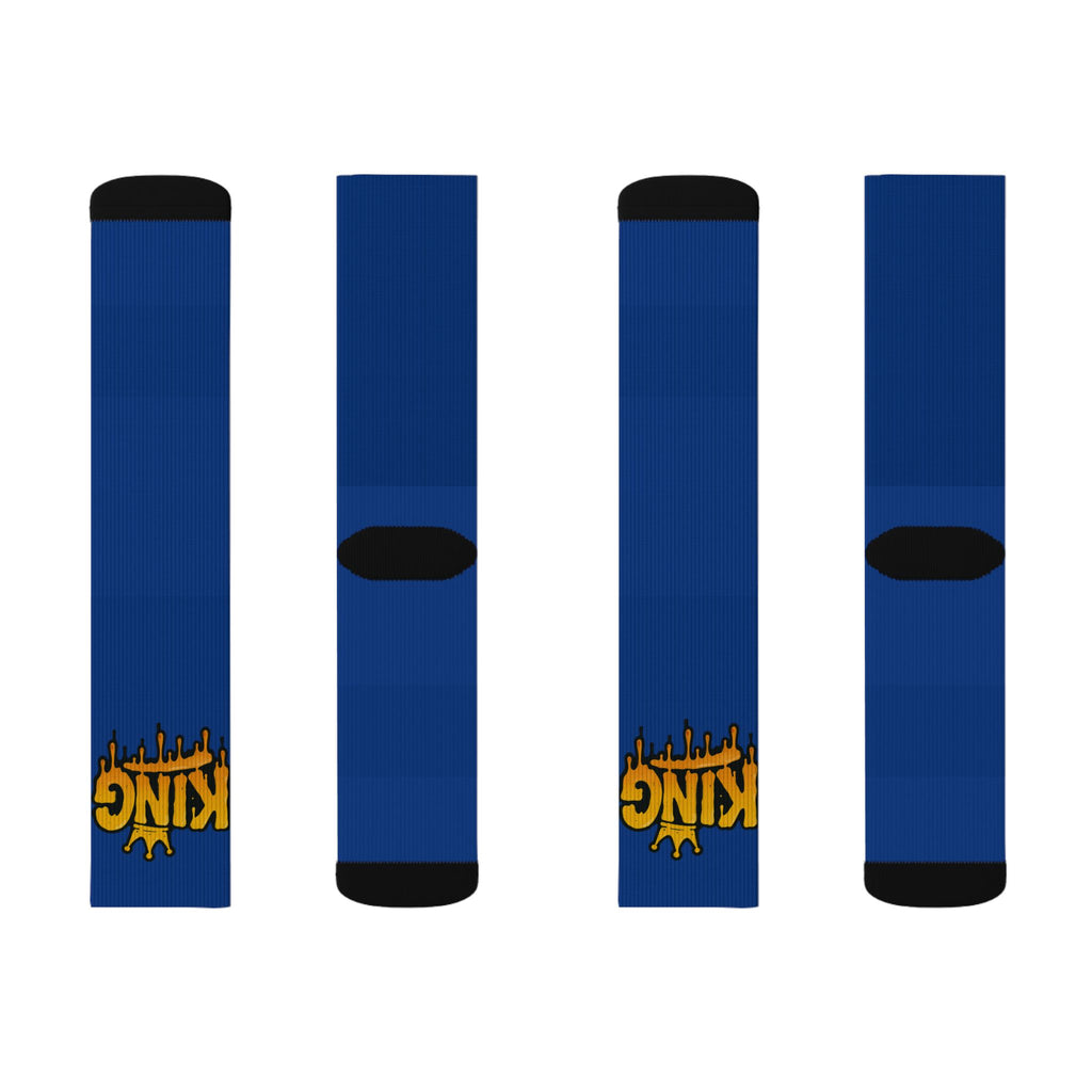 Blue 'King' Drip Sublimation Socks – Novelty Crew Socks for Streetwear & Gifts