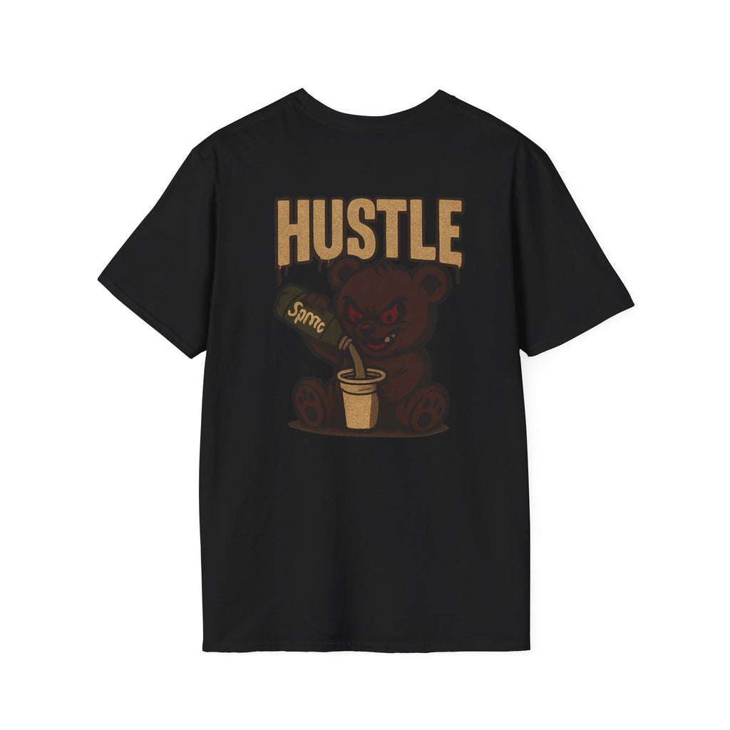 Hustle Bear T‑Shirt — 'HUSTLE' Graphic Tee with Fierce Bear Sipping Coffee