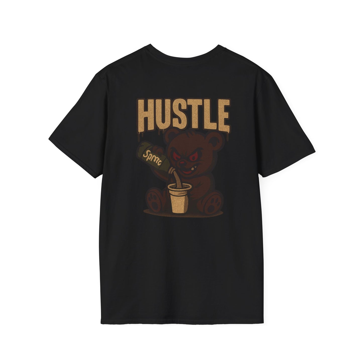 Hustle Bear T‑Shirt — 'HUSTLE' Graphic Tee with Fierce Bear Sipping Coffee