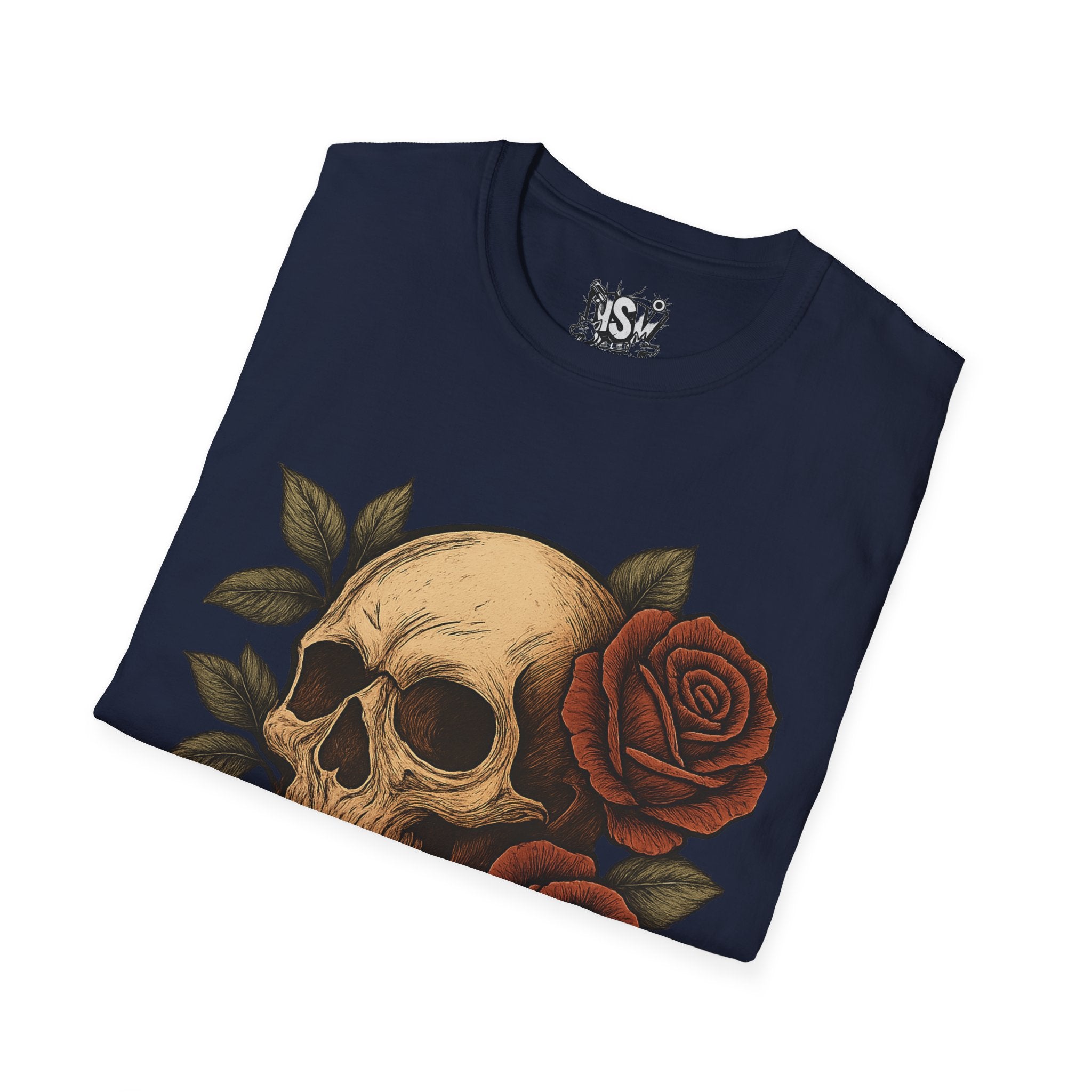 Skull & Roses T-Shirt — Gothic Floral Tee with 'Love, Lust, Loyalty' Back Print