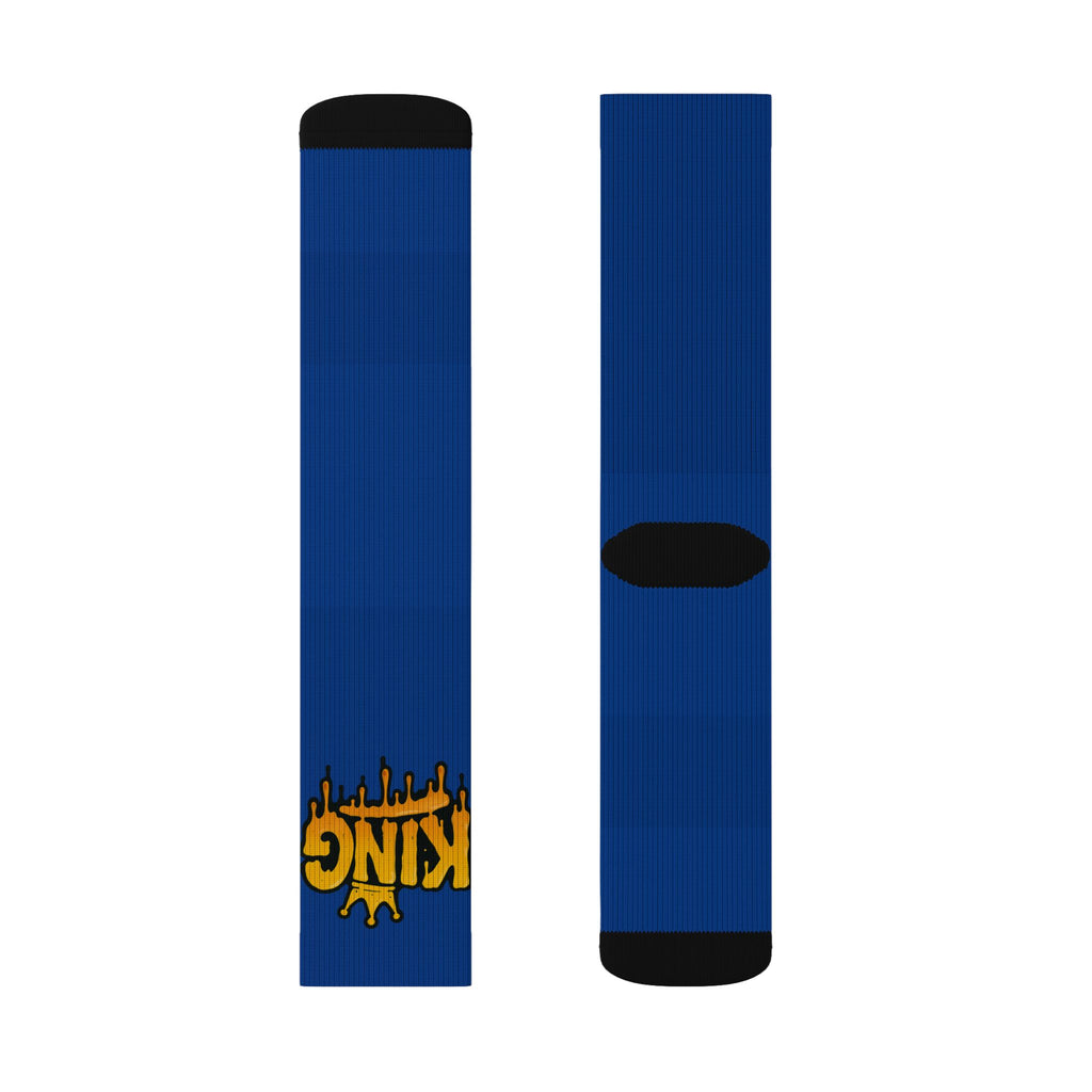 Blue 'King' Drip Sublimation Socks – Novelty Crew Socks for Streetwear & Gifts