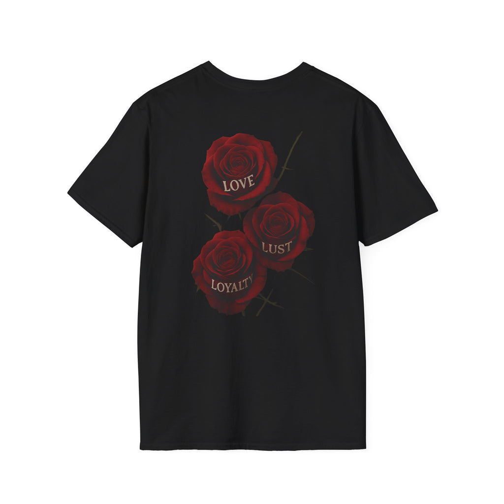 Skull & Roses T-Shirt — Gothic Floral Tee with 'Love, Lust, Loyalty' Back Print