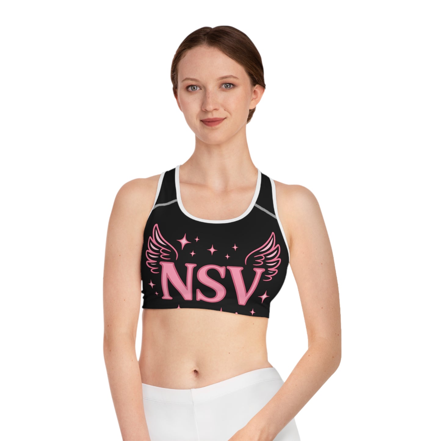 NSV Winged Logo Sports Bra — Pink Sparkle Athletic Crop Top