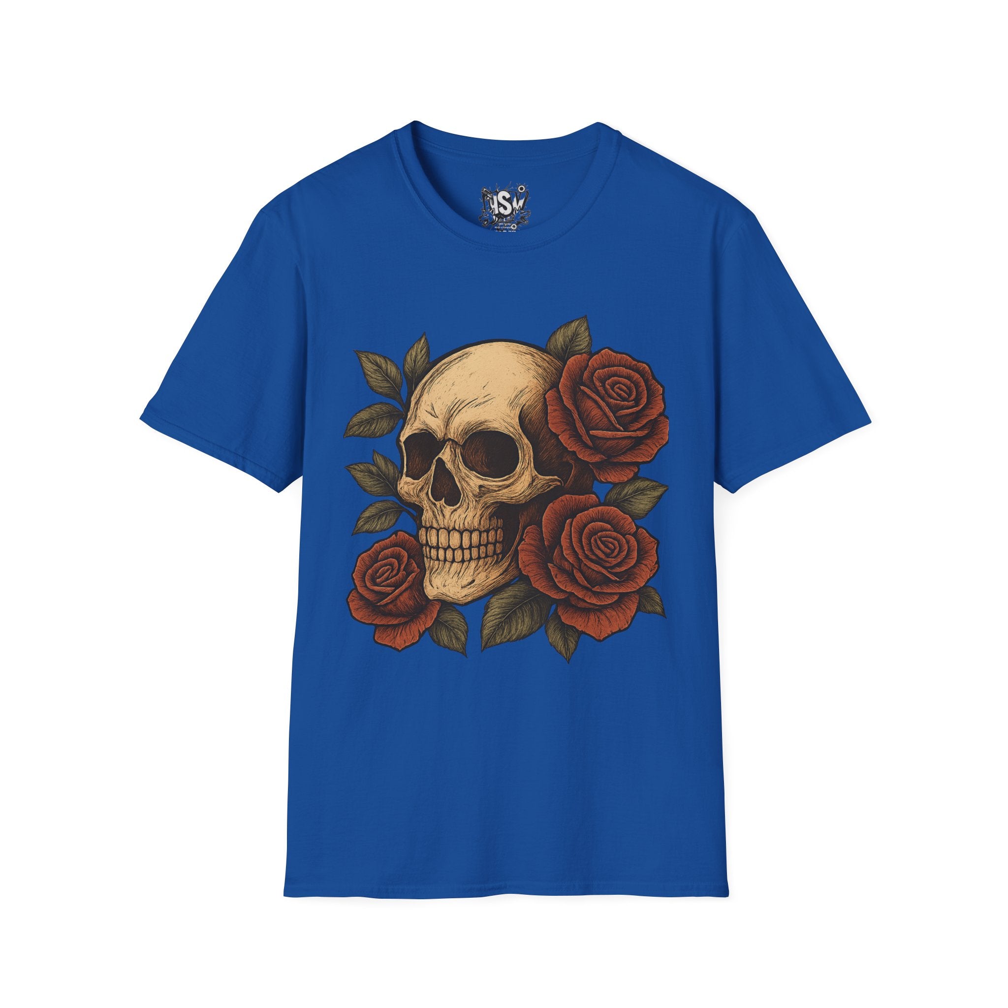 Skull & Roses T-Shirt — Gothic Floral Tee with 'Love, Lust, Loyalty' Back Print
