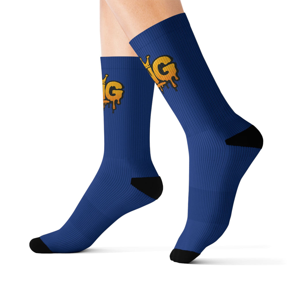 Blue 'King' Drip Sublimation Socks – Novelty Crew Socks for Streetwear & Gifts