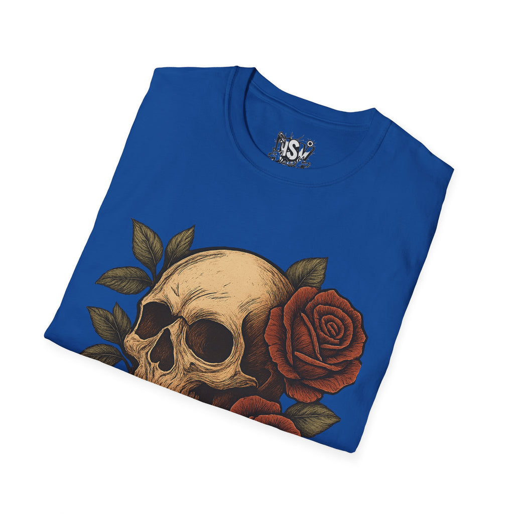 Skull & Roses T-Shirt — Gothic Floral Tee with 'Love, Lust, Loyalty' Back Print