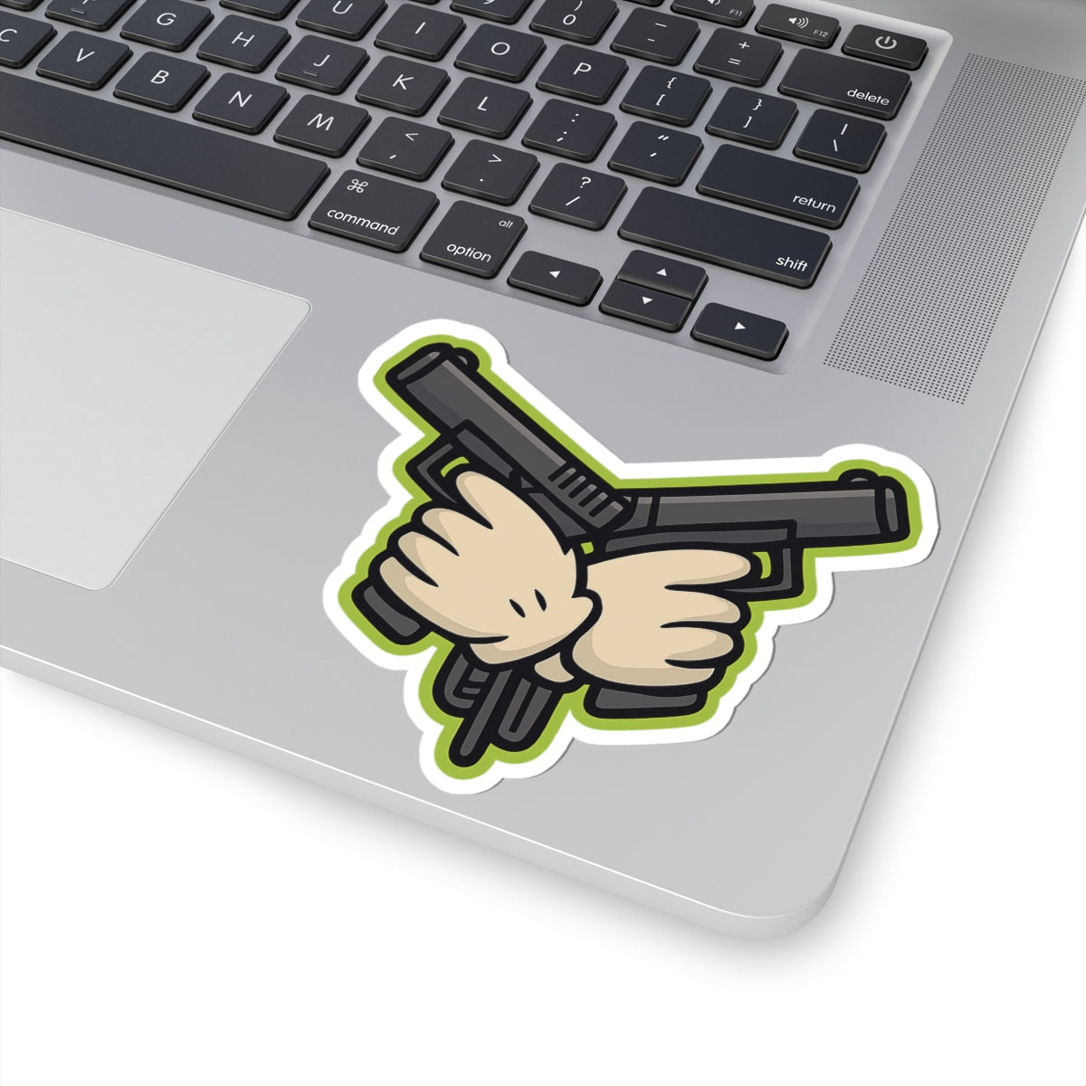 Crossed Pistols Sticker — Retro Cartoon Gun Badge with Neon Outline