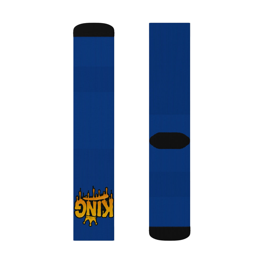 Blue 'King' Drip Sublimation Socks – Novelty Crew Socks for Streetwear & Gifts