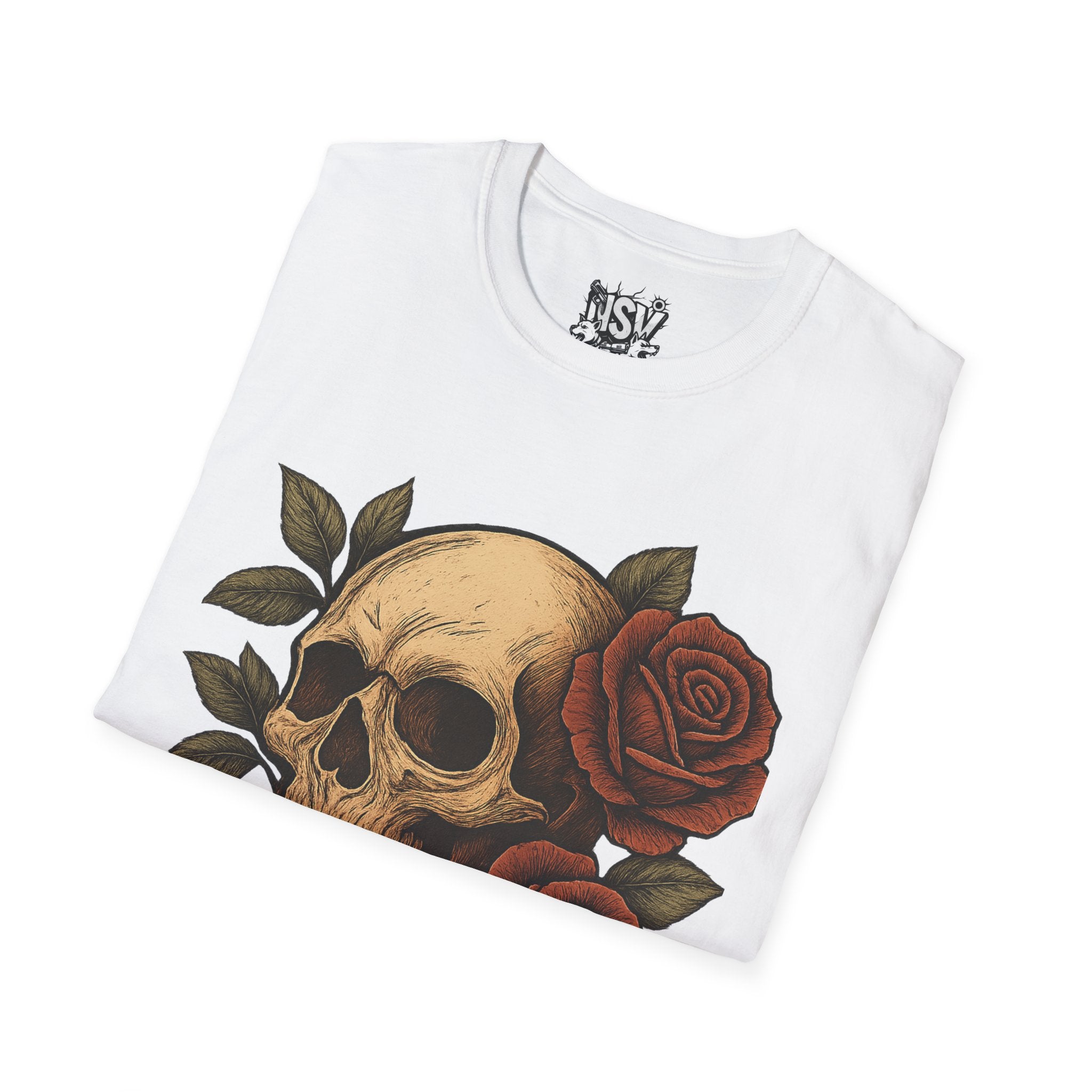 Skull & Roses T-Shirt — Gothic Floral Tee with 'Love, Lust, Loyalty' Back Print