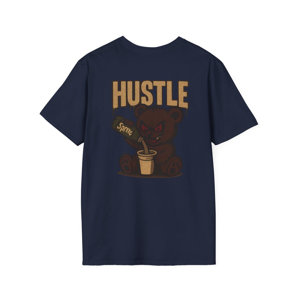 Hustle Bear T‑Shirt — 'HUSTLE' Graphic Tee with Fierce Bear Sipping Coffee