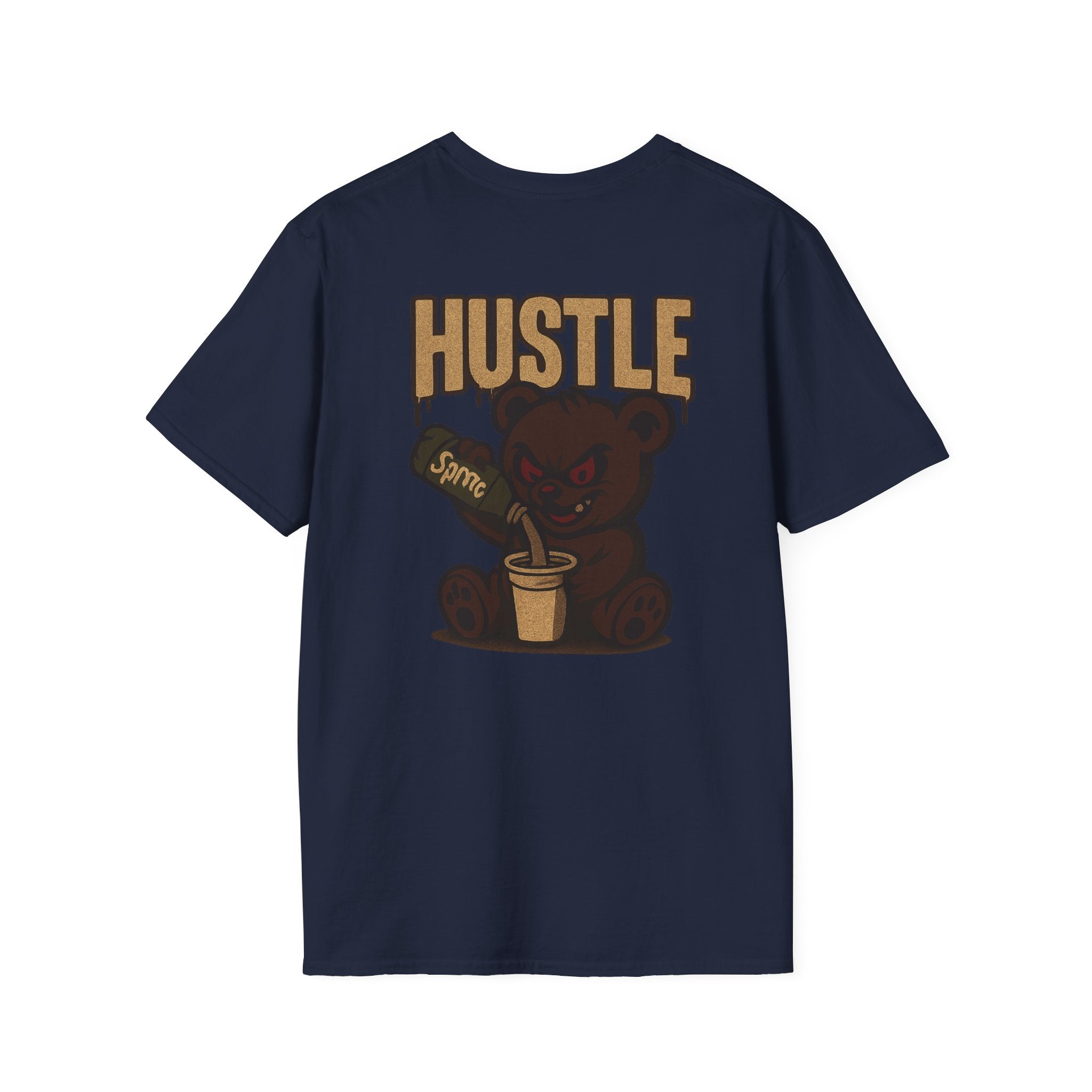 Hustle Bear T‑Shirt — 'HUSTLE' Graphic Tee with Fierce Bear Sipping Coffee