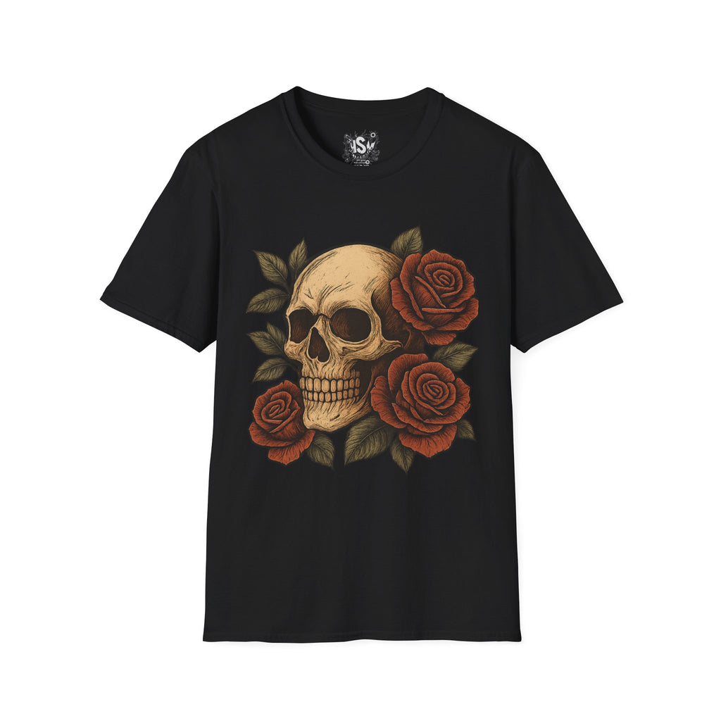 Skull & Roses T-Shirt — Gothic Floral Tee with 'Love, Lust, Loyalty' Back Print