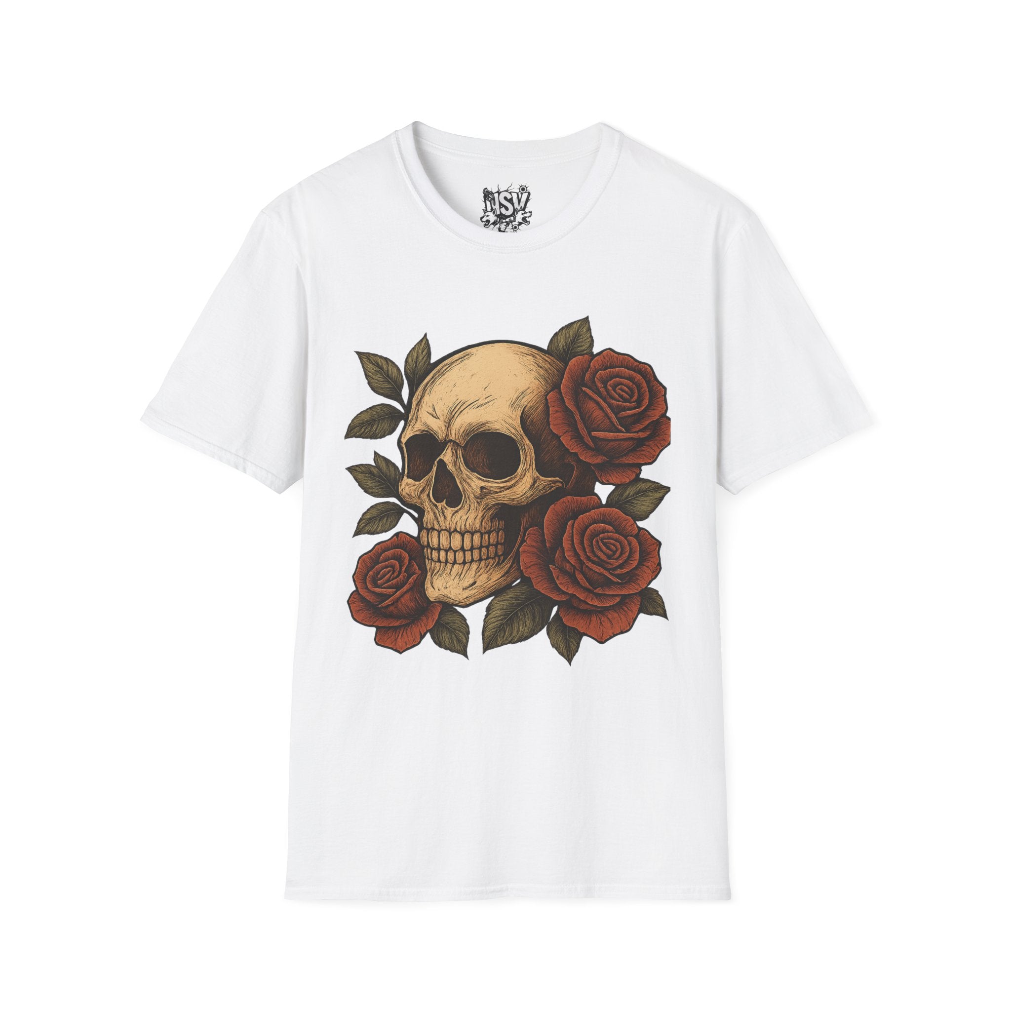 Skull & Roses T-Shirt — Gothic Floral Tee with 'Love, Lust, Loyalty' Back Print