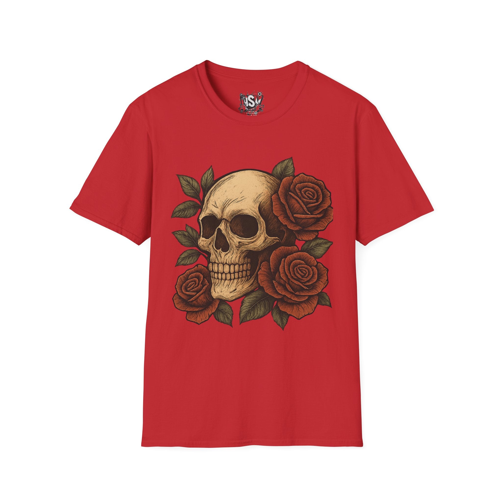 Skull & Roses T-Shirt — Gothic Floral Tee with 'Love, Lust, Loyalty' Back Print