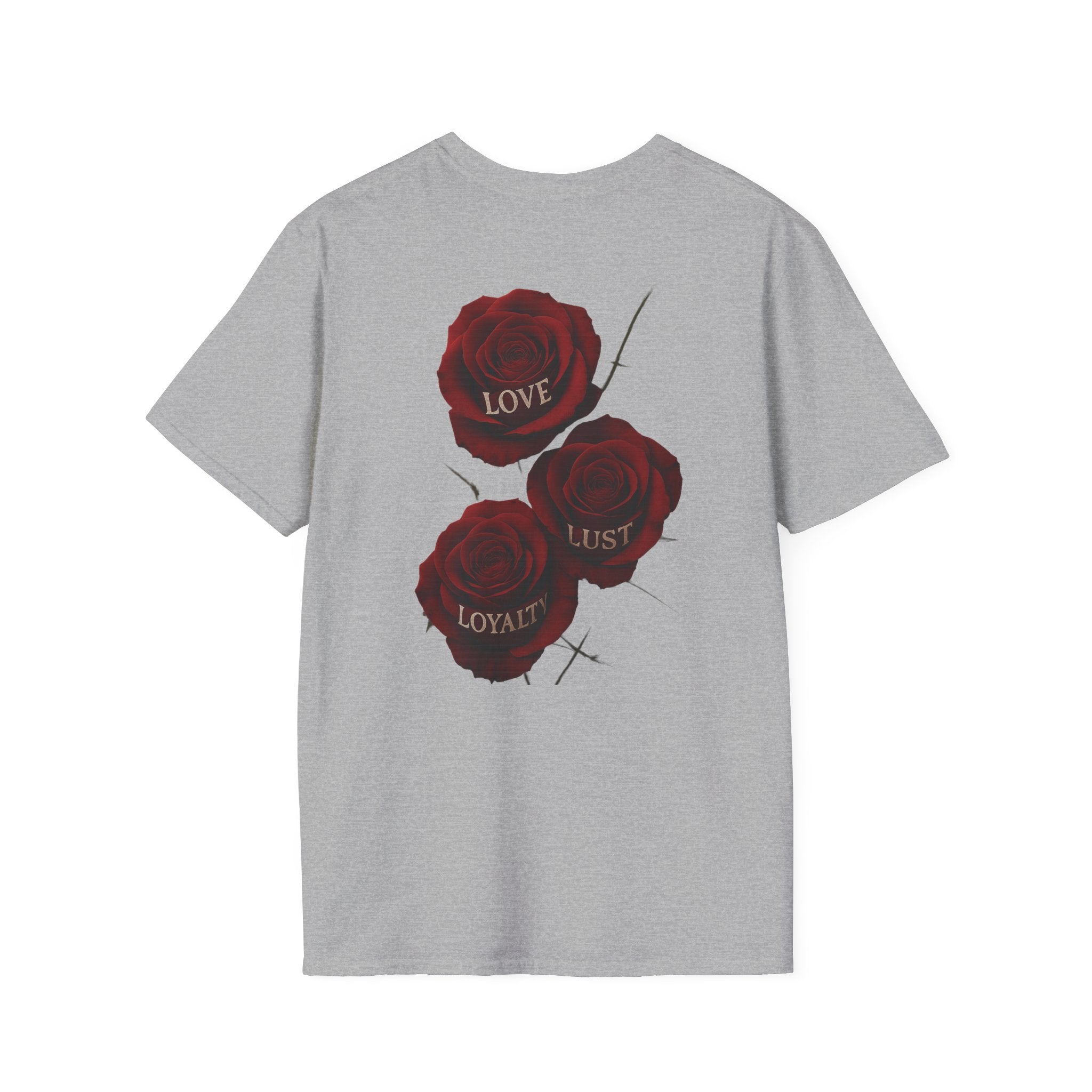 Skull & Roses T-Shirt — Gothic Floral Tee with 'Love, Lust, Loyalty' Back Print