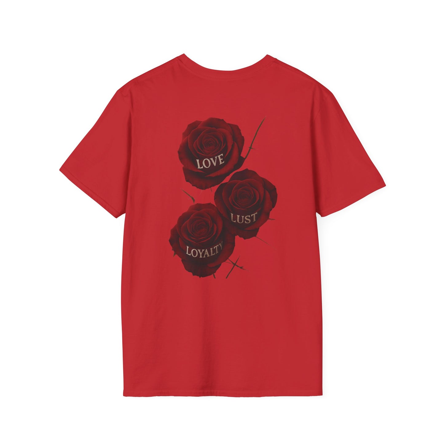 Skull & Roses T-Shirt — Gothic Floral Tee with 'Love, Lust, Loyalty' Back Print