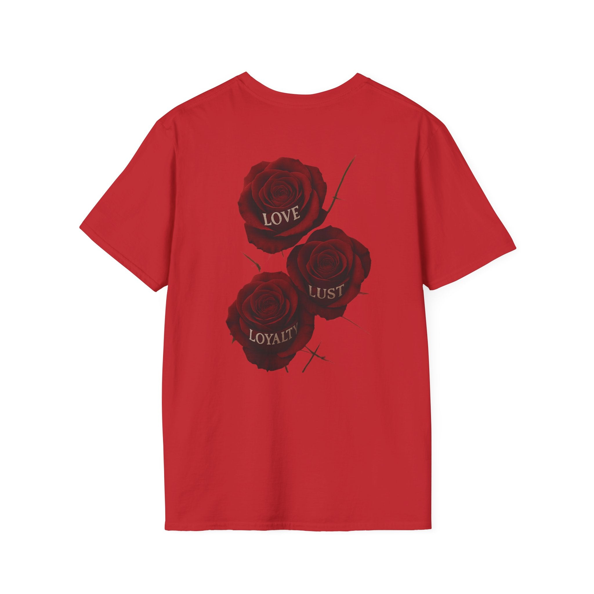 Skull & Roses T-Shirt — Gothic Floral Tee with 'Love, Lust, Loyalty' Back Print
