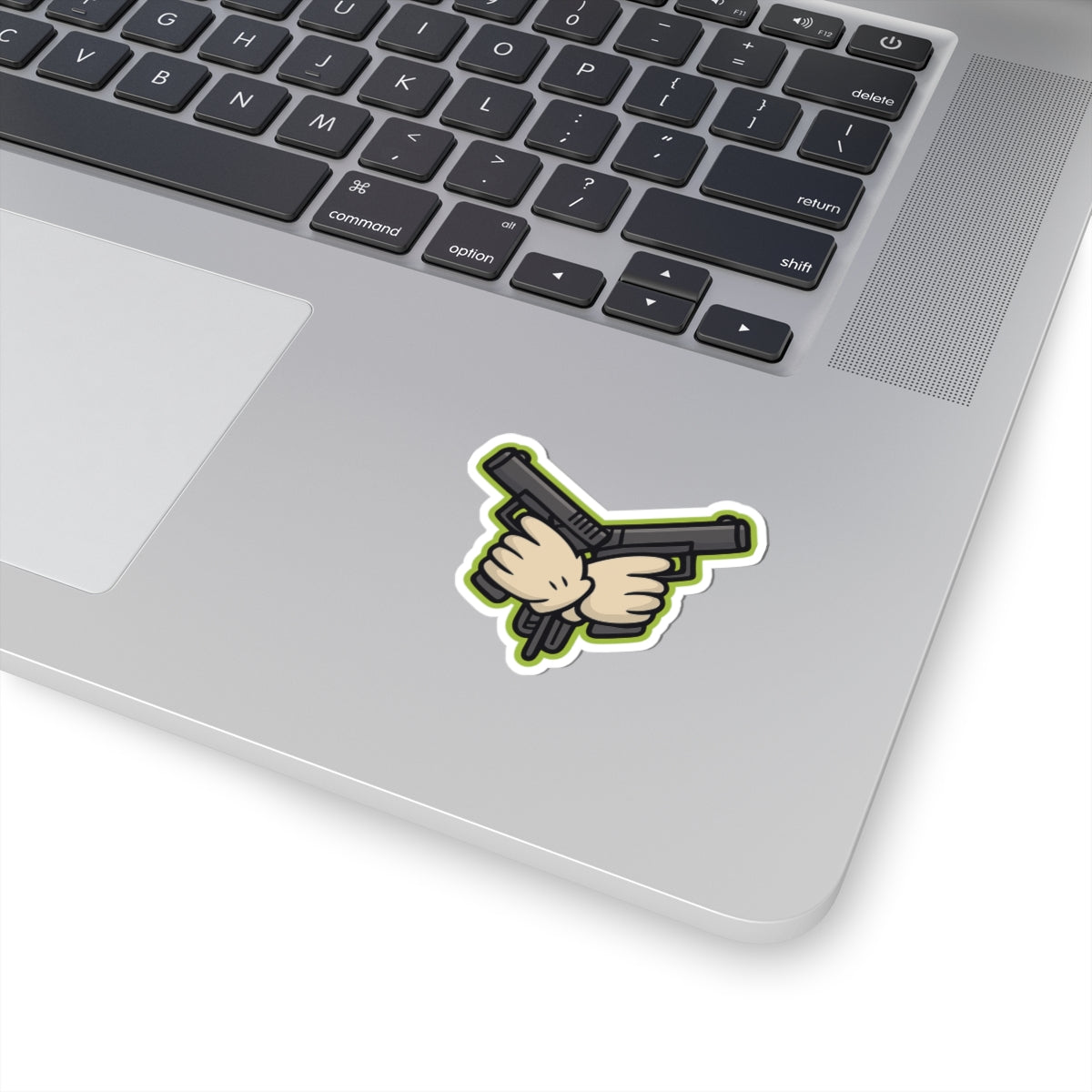 Crossed Pistols Sticker — Retro Cartoon Gun Badge with Neon Outline