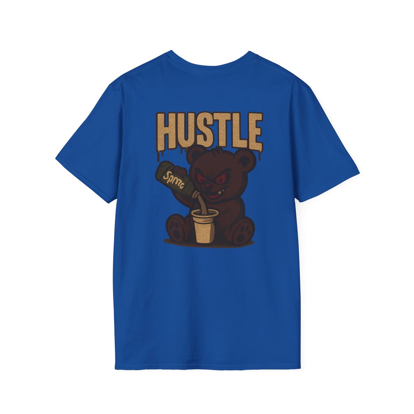 Hustle Bear T‑Shirt — 'HUSTLE' Graphic Tee with Fierce Bear Sipping Coffee