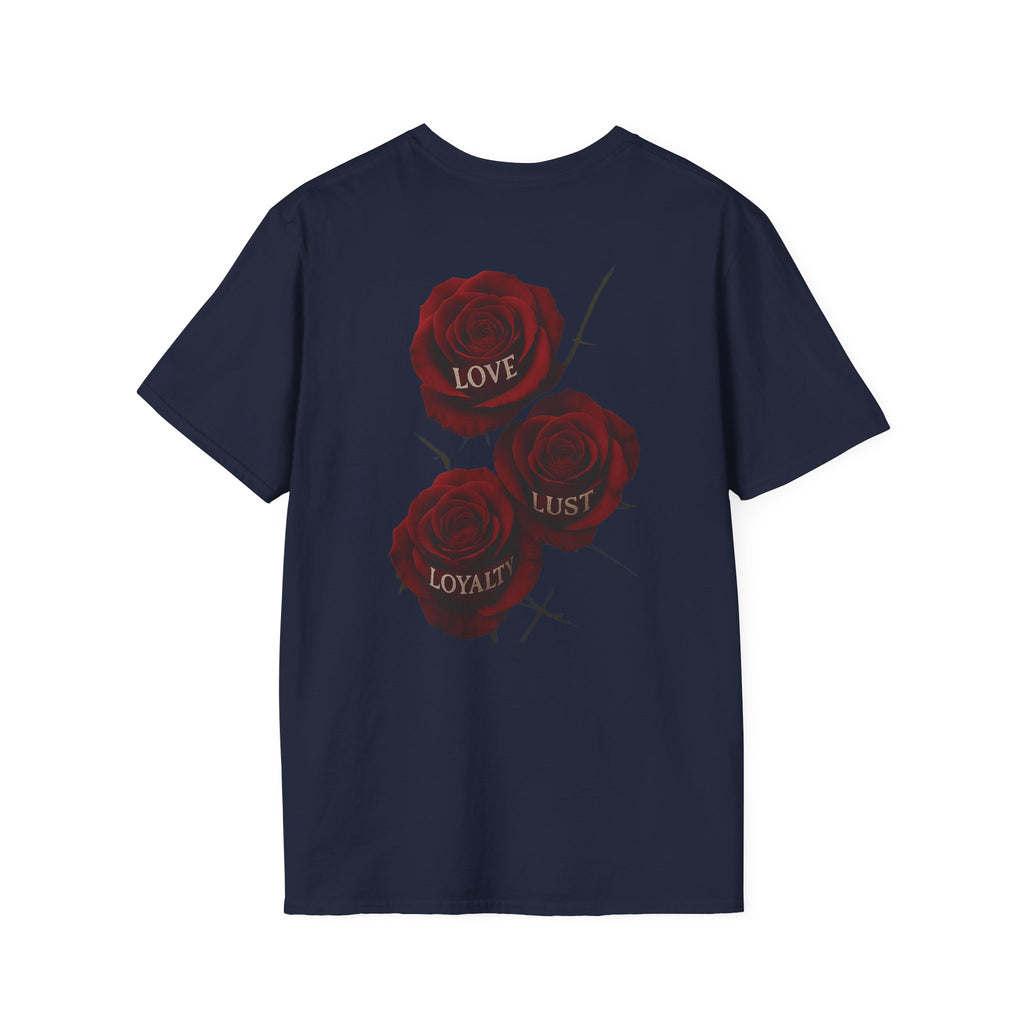 Skull & Roses T-Shirt — Gothic Floral Tee with 'Love, Lust, Loyalty' Back Print
