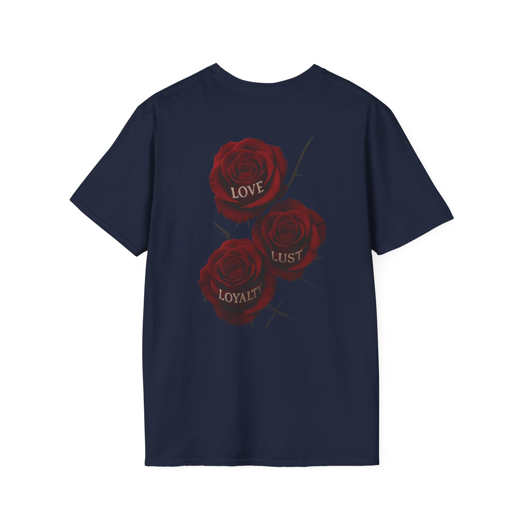 Skull & Roses T-Shirt — Gothic Floral Tee with 'Love, Lust, Loyalty' Back Print