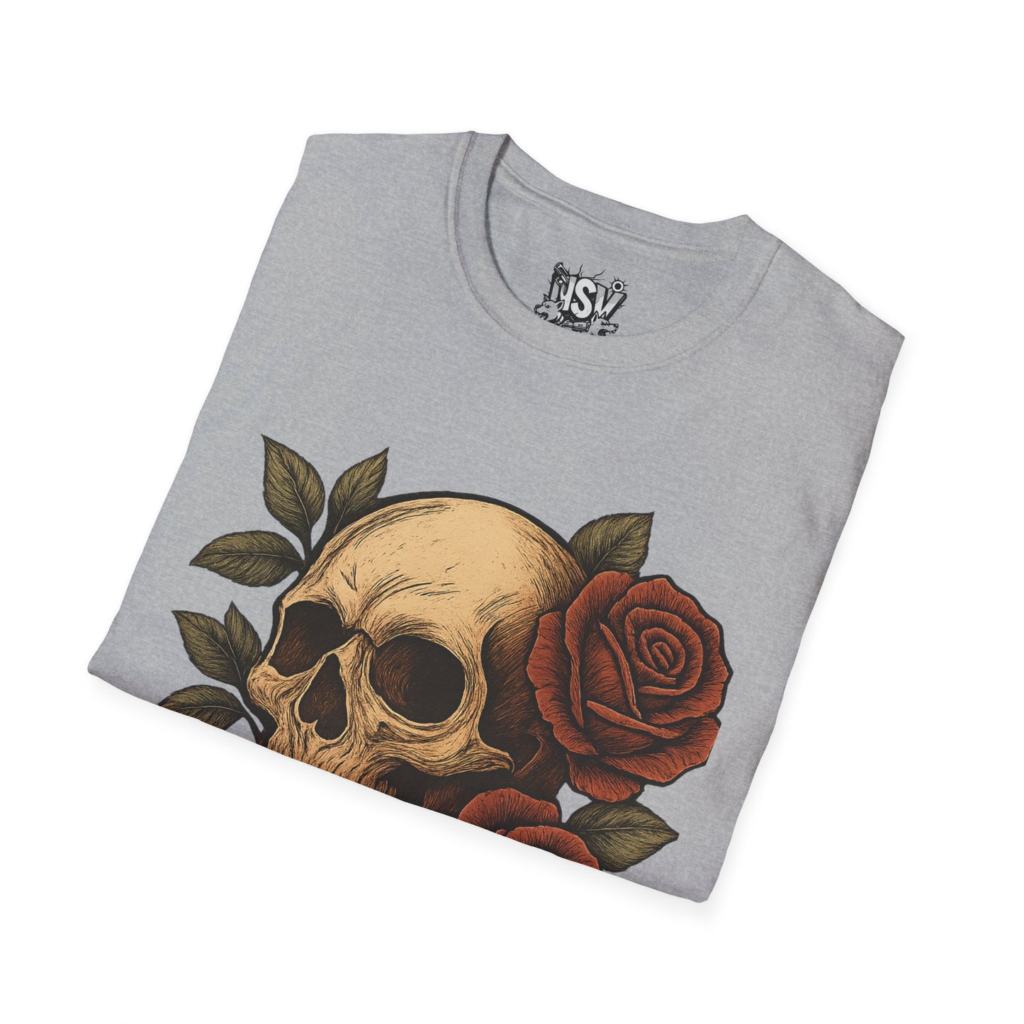 Skull & Roses T-Shirt — Gothic Floral Tee with 'Love, Lust, Loyalty' Back Print