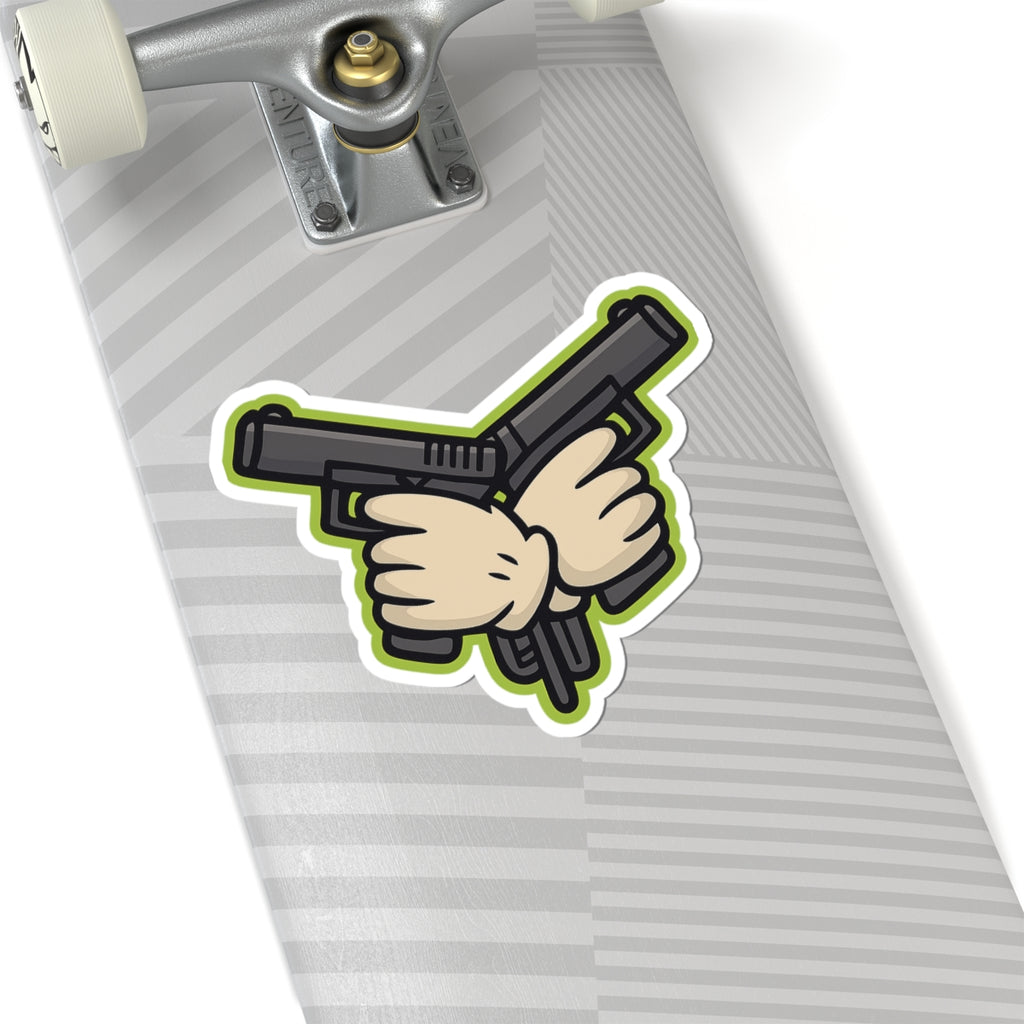 Crossed Pistols Sticker — Retro Cartoon Gun Badge with Neon Outline