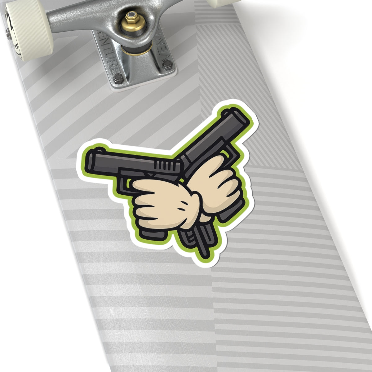 Crossed Pistols Sticker — Retro Cartoon Gun Badge with Neon Outline