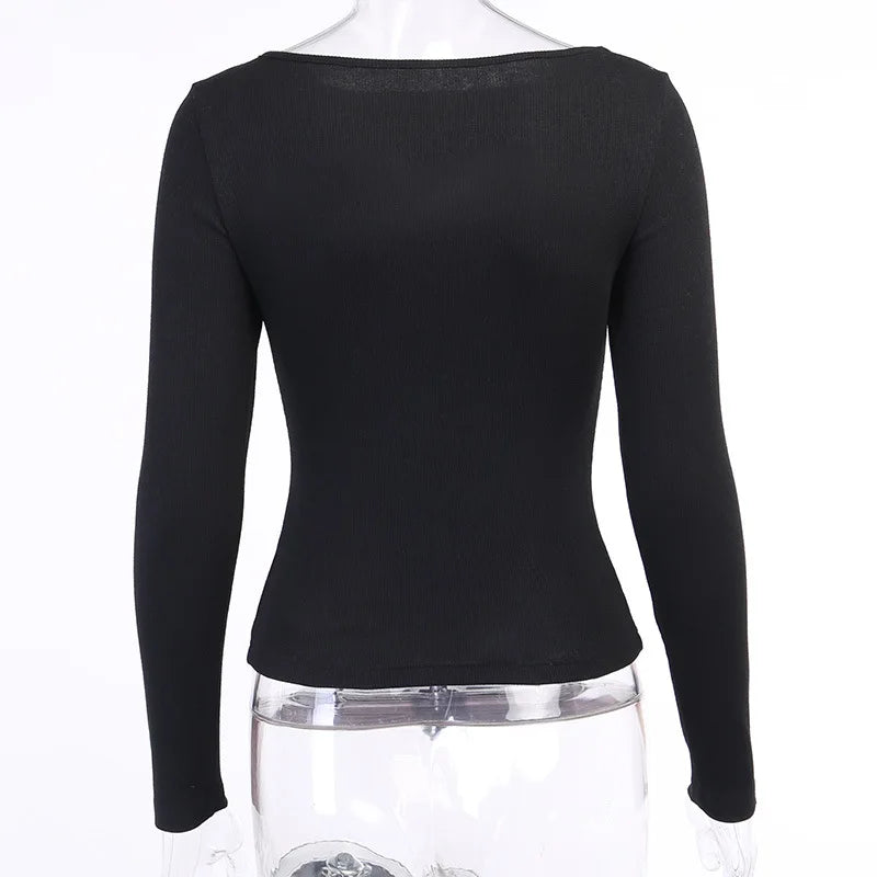 Autumn Women tshirt Hollow Out Solid Black White Long Sleeve Knitted Tee Tops Casual Slim O Neck 2020 Fashion t shirt