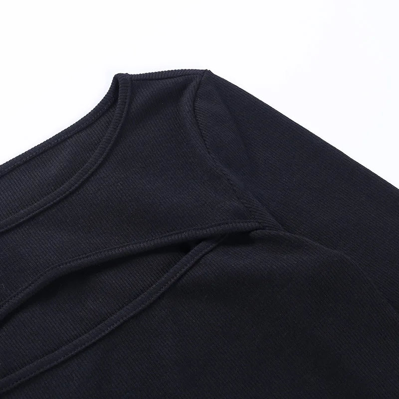 Autumn Women tshirt Hollow Out Solid Black White Long Sleeve Knitted Tee Tops Casual Slim O Neck 2020 Fashion t shirt