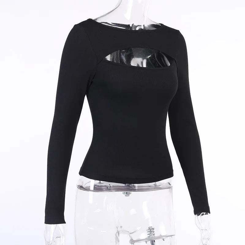 Autumn Women tshirt Hollow Out Solid Black White Long Sleeve Knitted Tee Tops Casual Slim O Neck 2020 Fashion t shirt