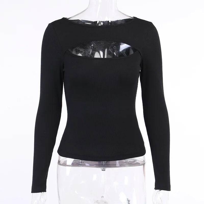 Autumn Women tshirt Hollow Out Solid Black White Long Sleeve Knitted Tee Tops Casual Slim O Neck 2020 Fashion t shirt