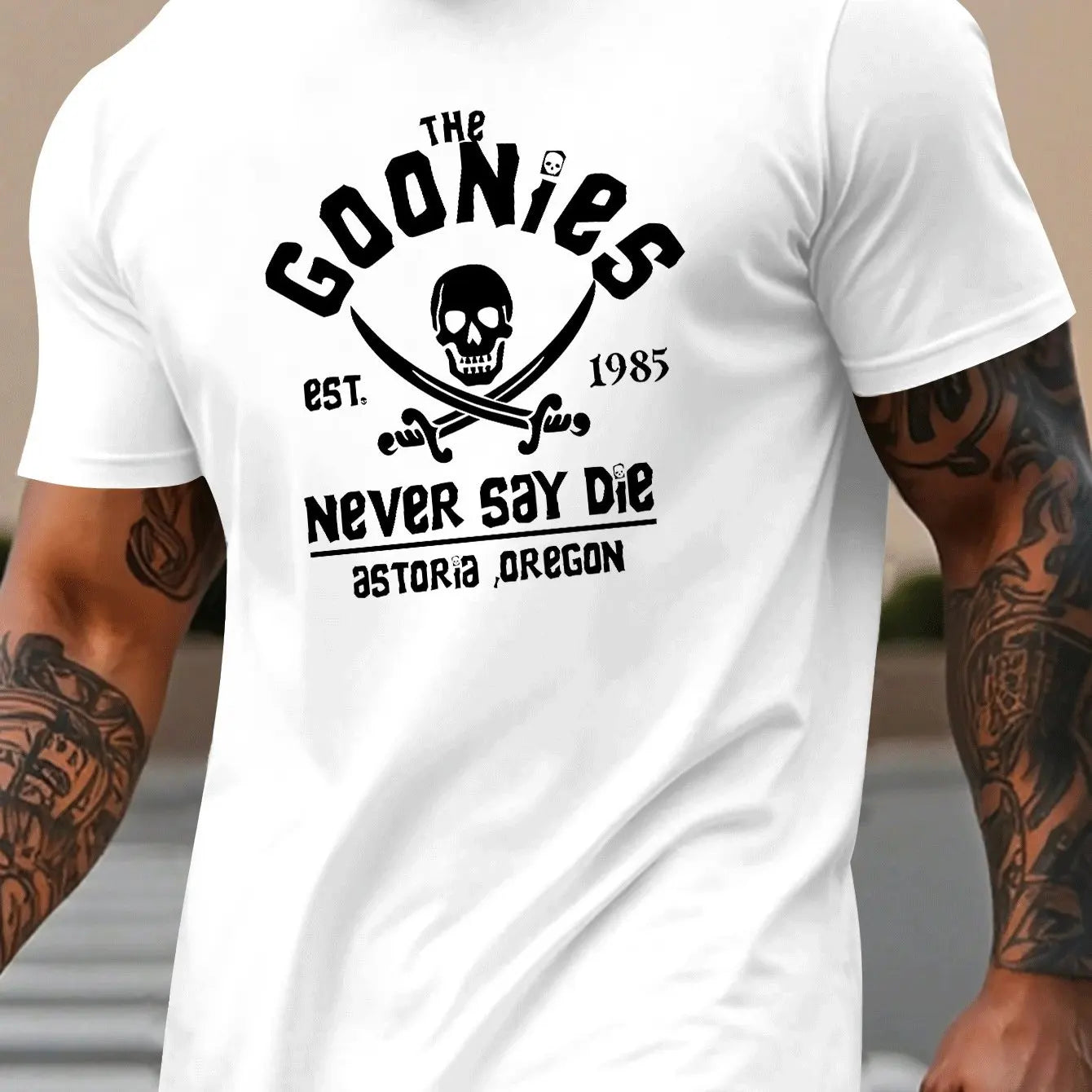Men's summer 100% pure cotton fashionable casual loose goonies graphic printed round neck short sleeved T-shirt top
