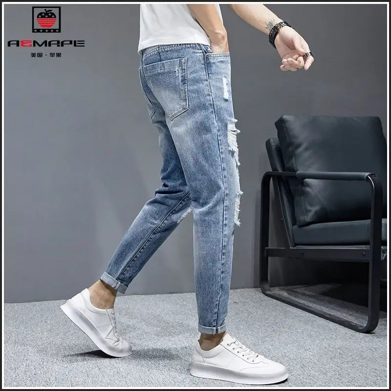 New Fashion Stylish Cowboy Men's Slim Casual Jeans with Ripped Distressed Holes Summer Streetwear Denim Broken Hole Pants Male