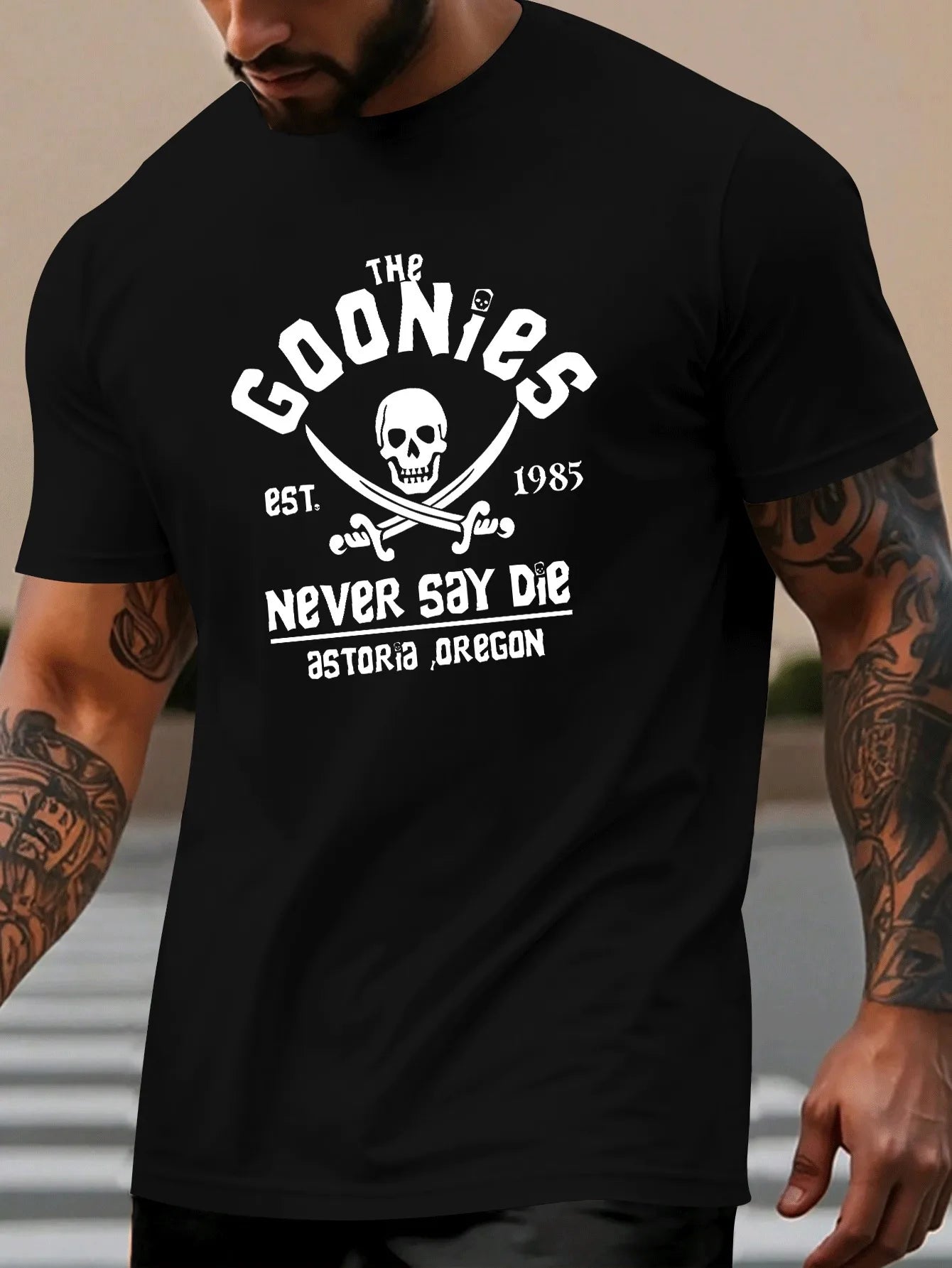 Men's summer 100% pure cotton fashionable casual loose goonies graphic printed round neck short sleeved T-shirt top